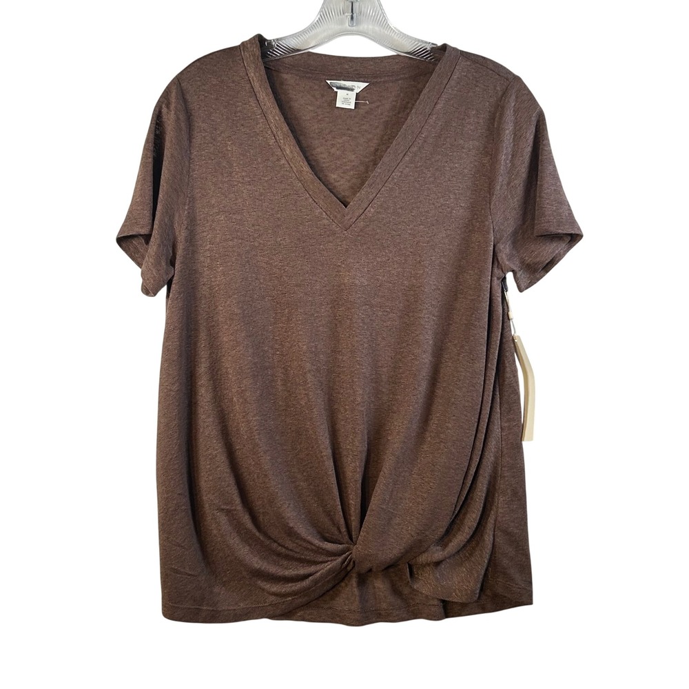 CASLON Women Brown V Neck Short Sleeve Twisted Hem Top Medium‎